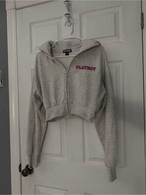PLAYBOY Gray Cropped Zip Hoodie with Pink Logo